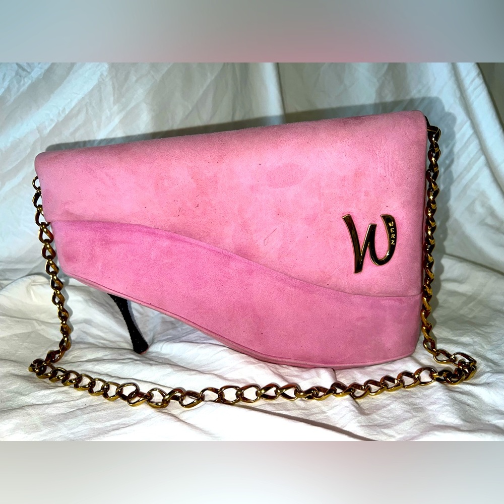 Werz Vintage Pink Suede Bag. Distinguished Black Rhinestone Heel Design.